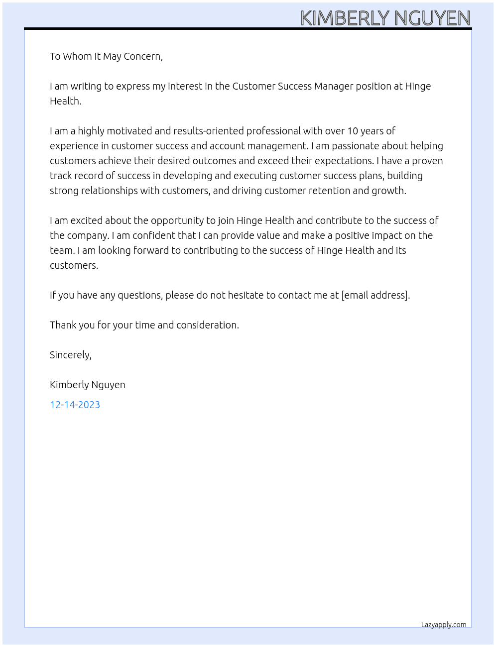Customer Success Manager At Hinge Health Cover Letter