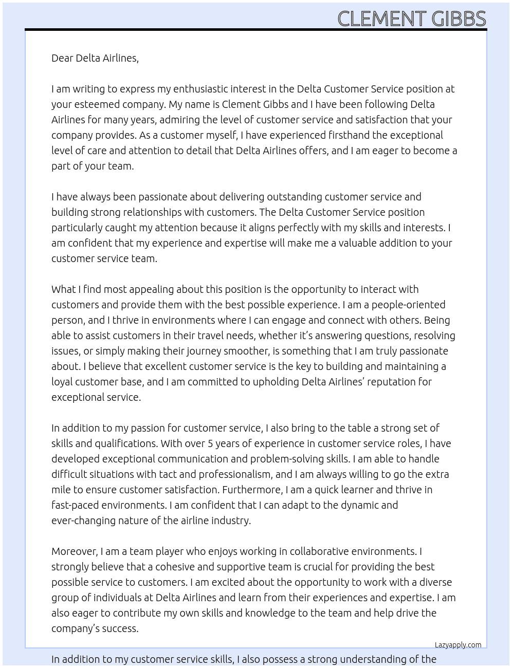 Delta customer service At Delta airlines  Cover Letter