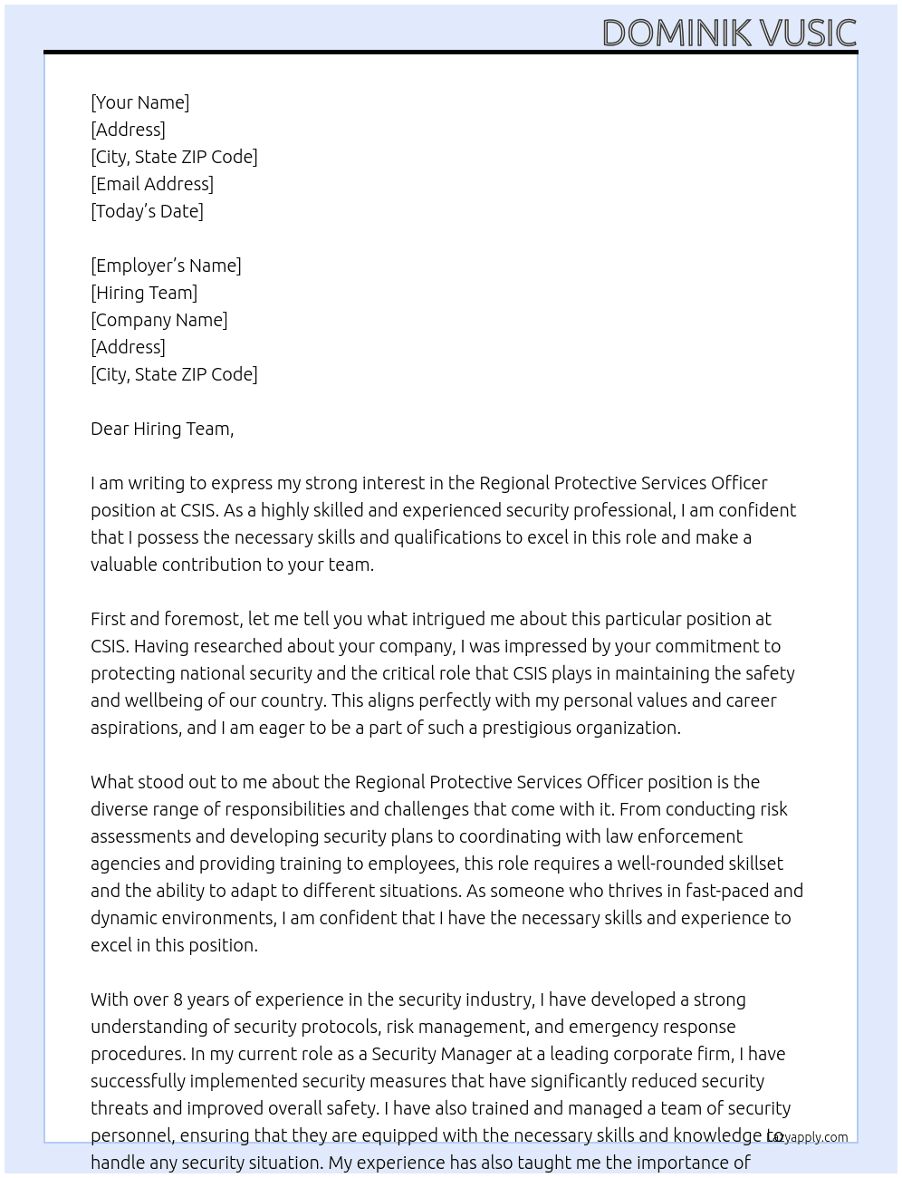 Regional Protective Services Officer At Csis Cover Letter