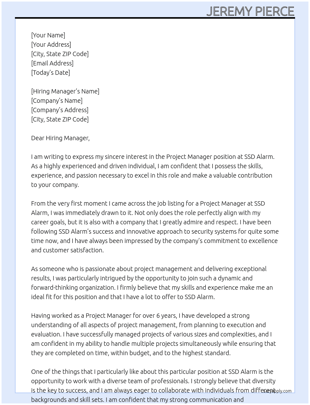 Project Manager At SSD Alarm Cover Letter