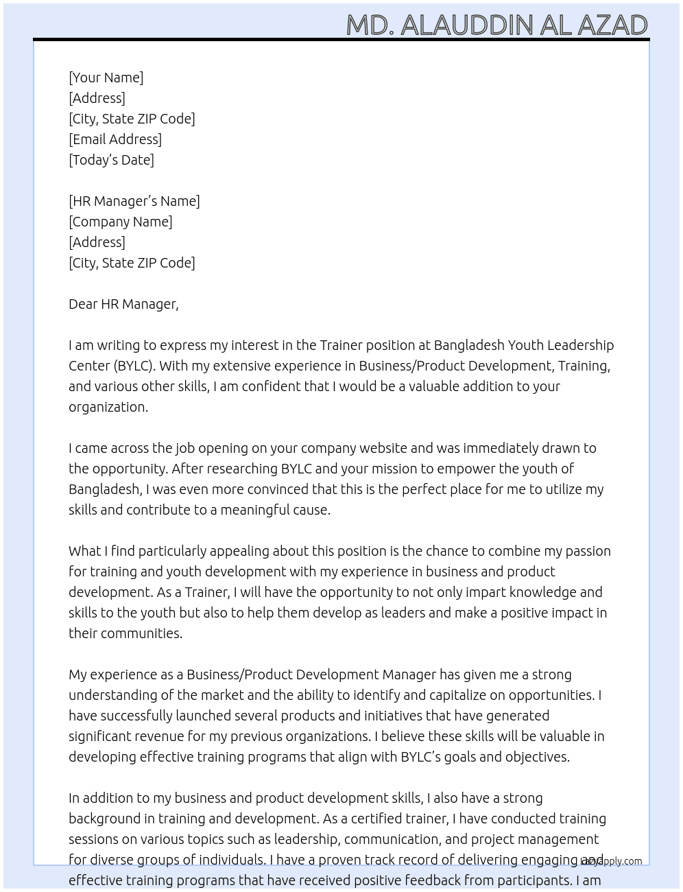 Trainer  At Bangladesh Youth Leadership Center (BYLC) Cover Letter
