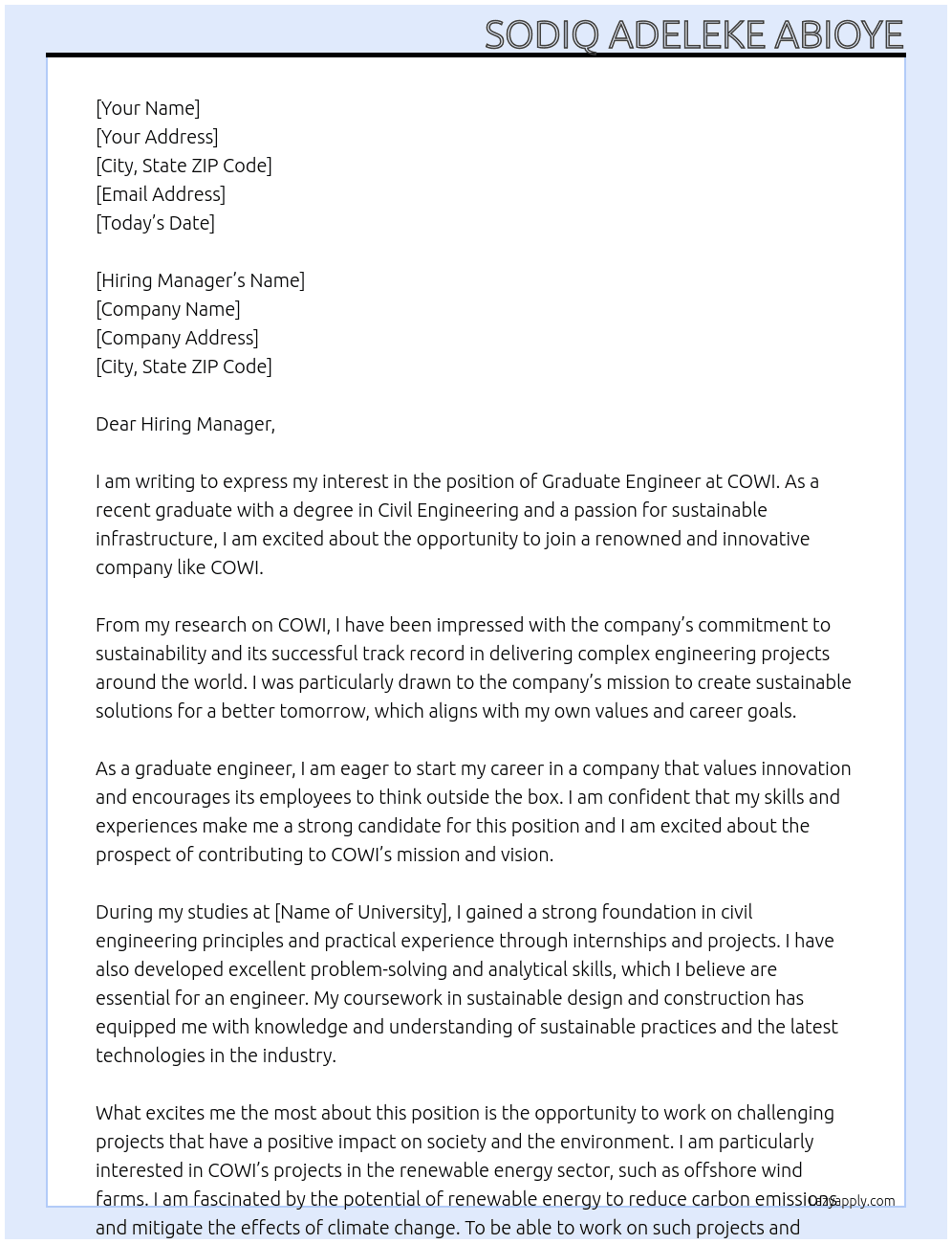 Graduate Engineer  At COWI Cover Letter