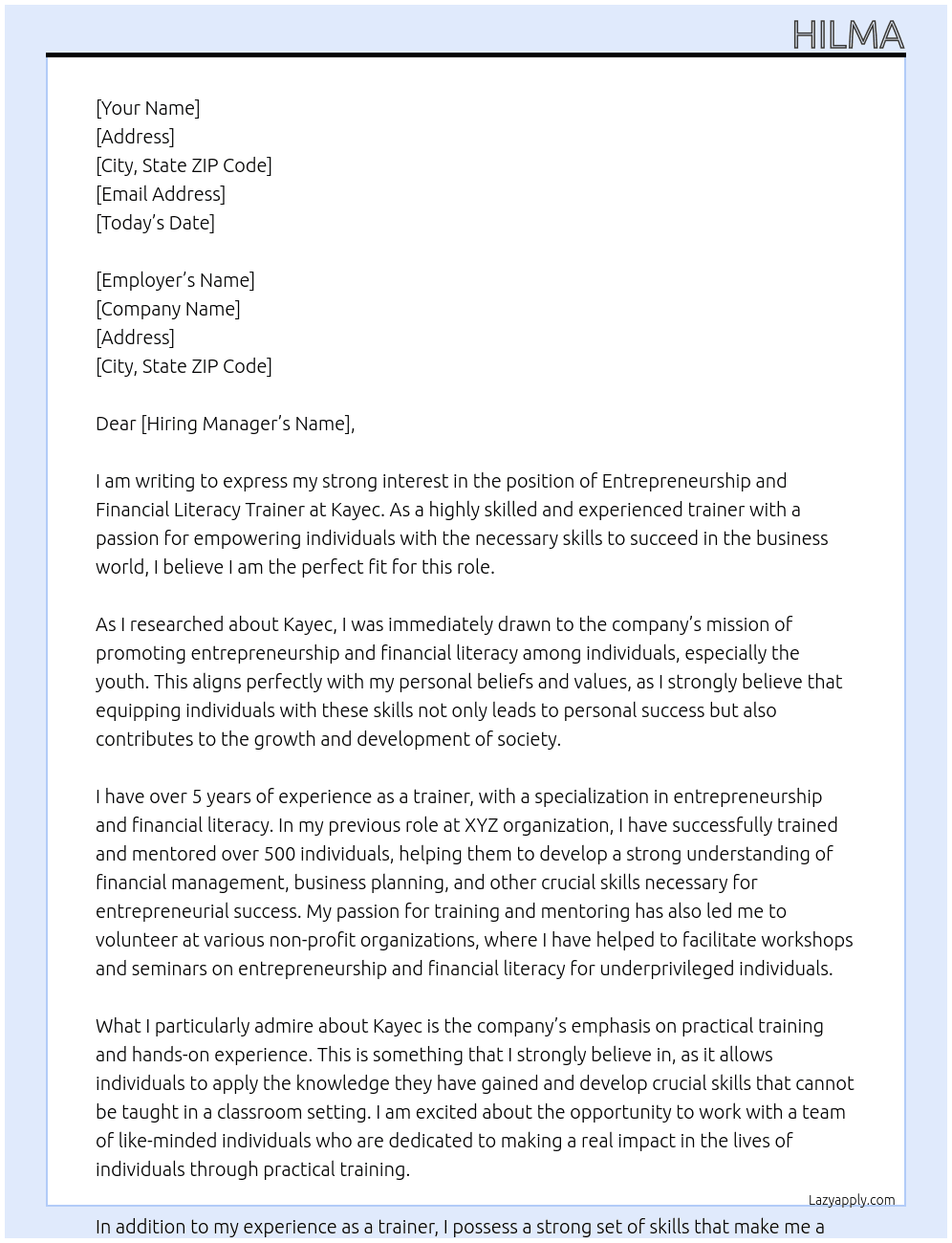 Entrepreneurship and Financial literacy trainer  At Kayec Cover Letter