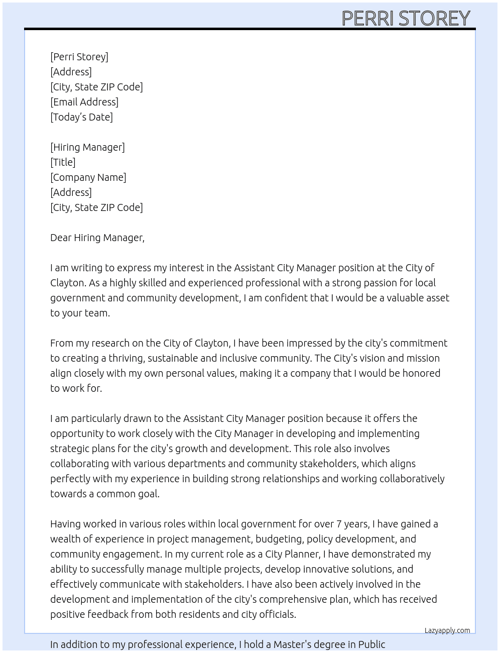 Assistant City Manager  At City of Clayton  Cover Letter