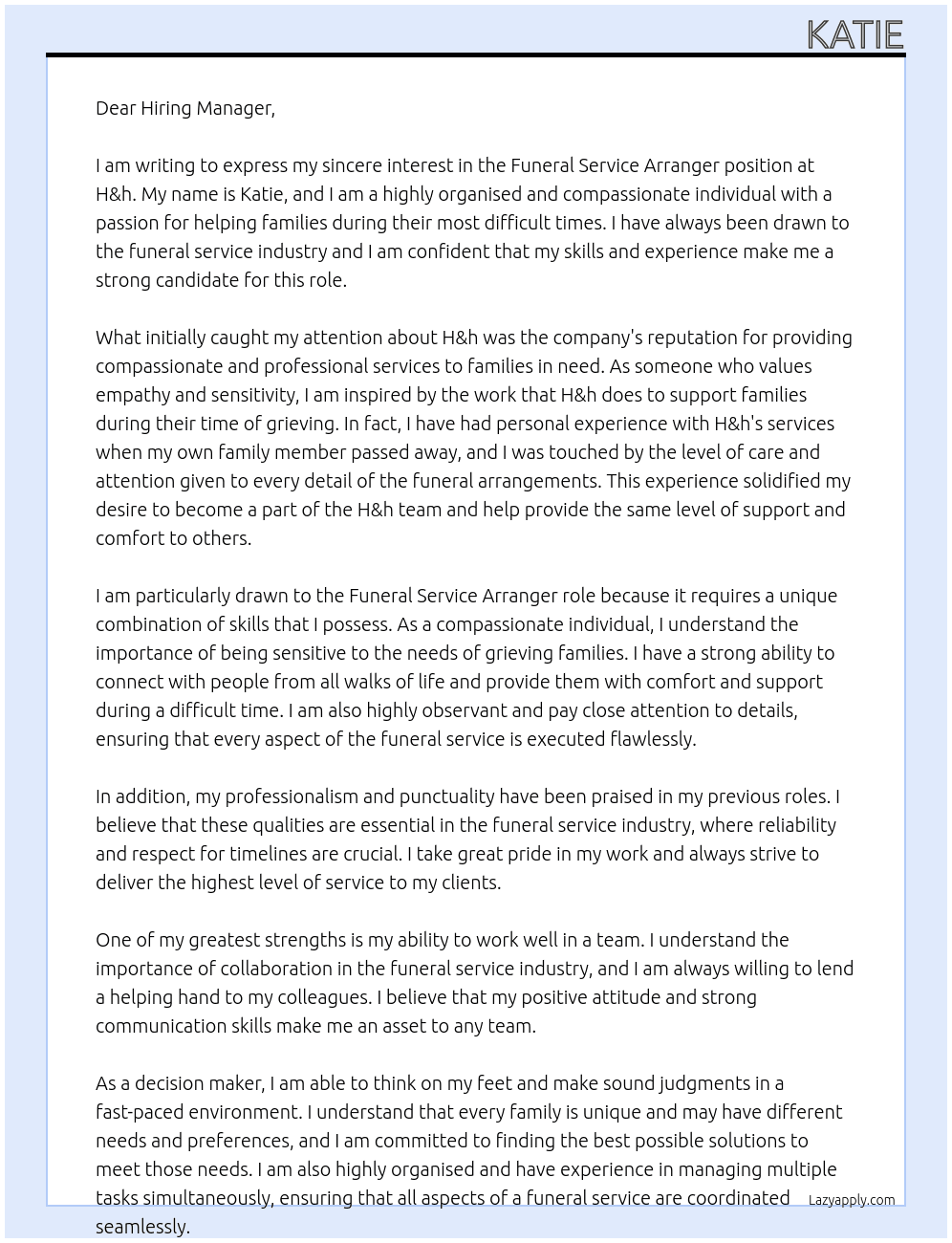 Funeral service arranger At H&h  Cover Letter