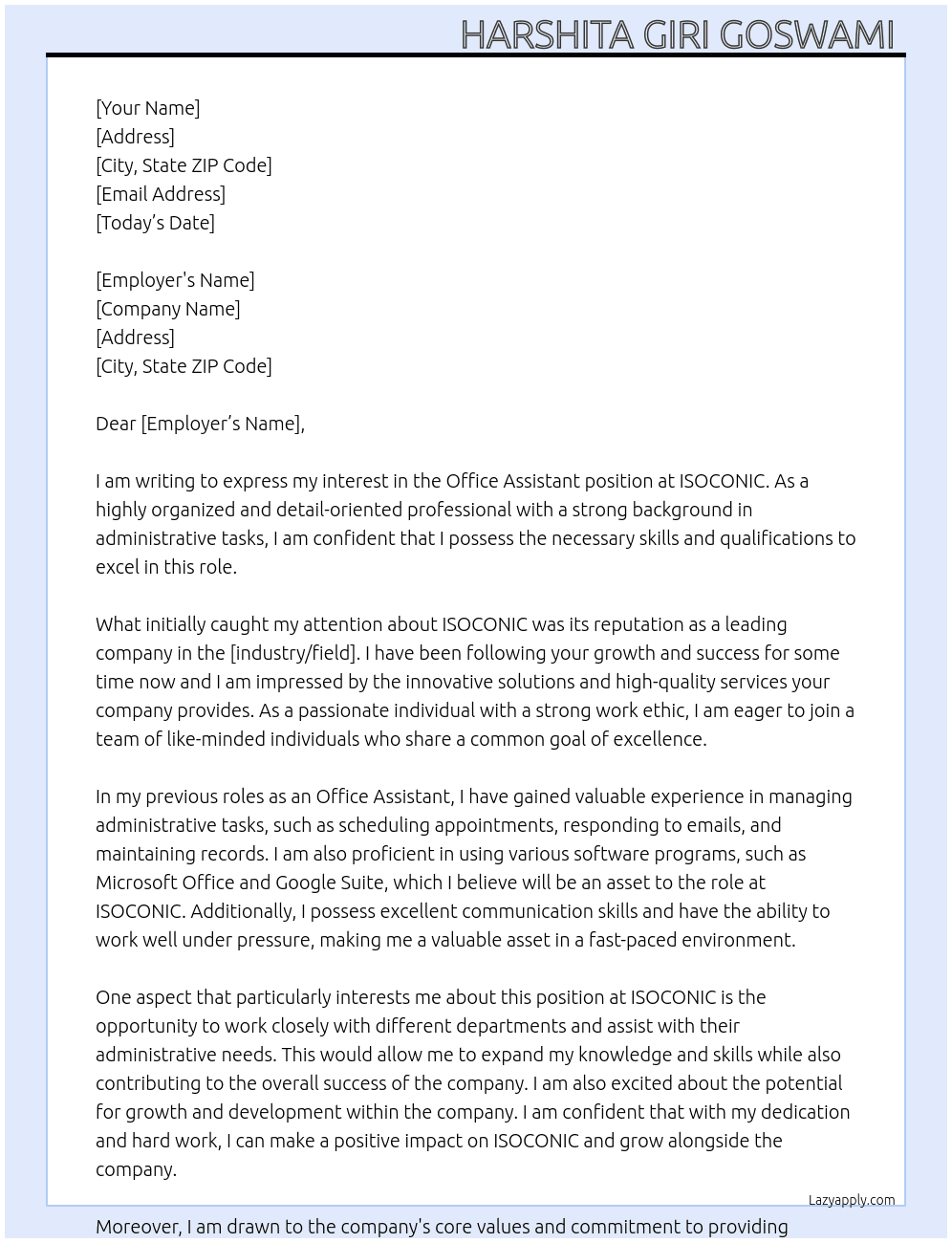 Office Assistant At ISOCONIC Cover Letter