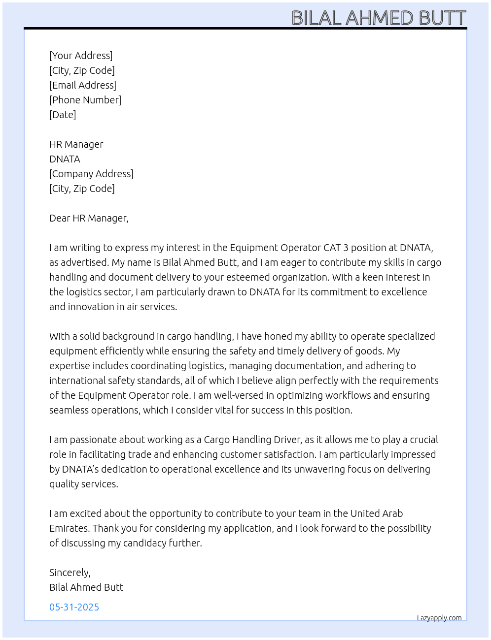 Equipment operator CAT 3 At DNATA Cover Letter