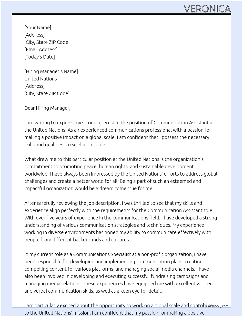 Communication Assistant At United Nations Cover Letter