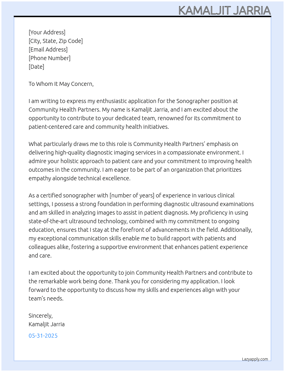 Sonographer At Community Halth Partners Cover Letter