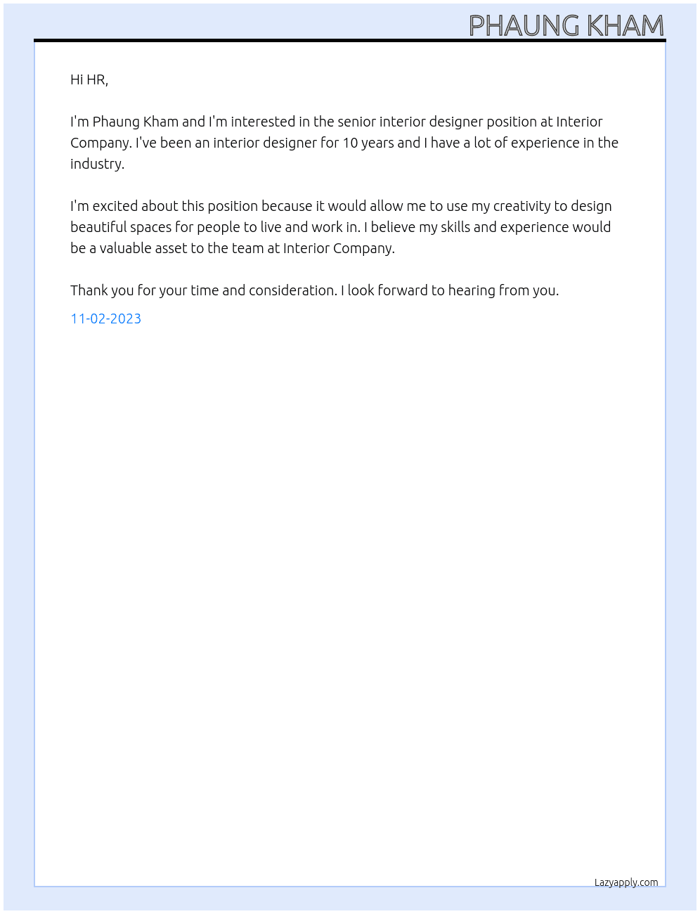 senior interior designer  At Interior Company Cover Letter