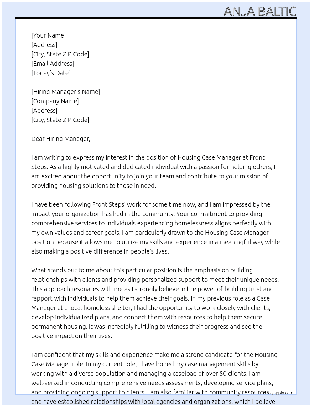 Housing Case Manager At Front Steps Cover Letter