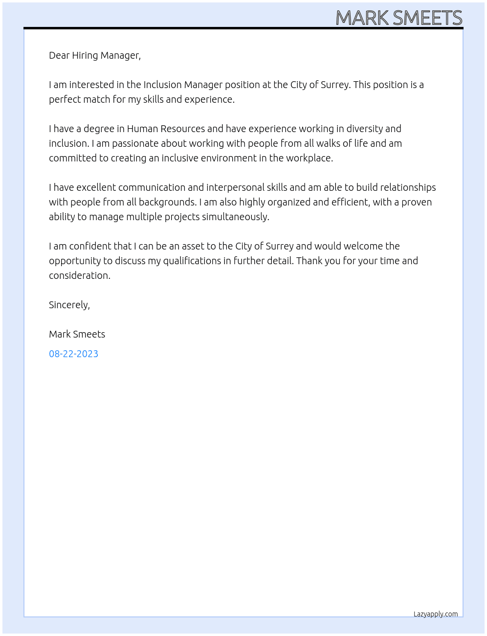 Inclusion Manager At City of Surrey Cover Letter