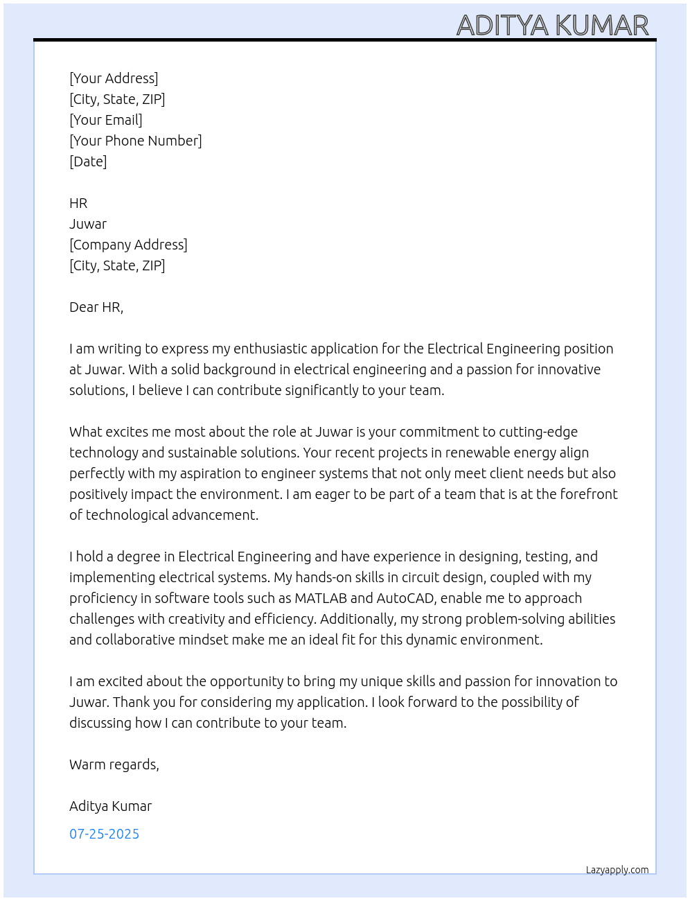electrical engineering  At juwar Cover Letter