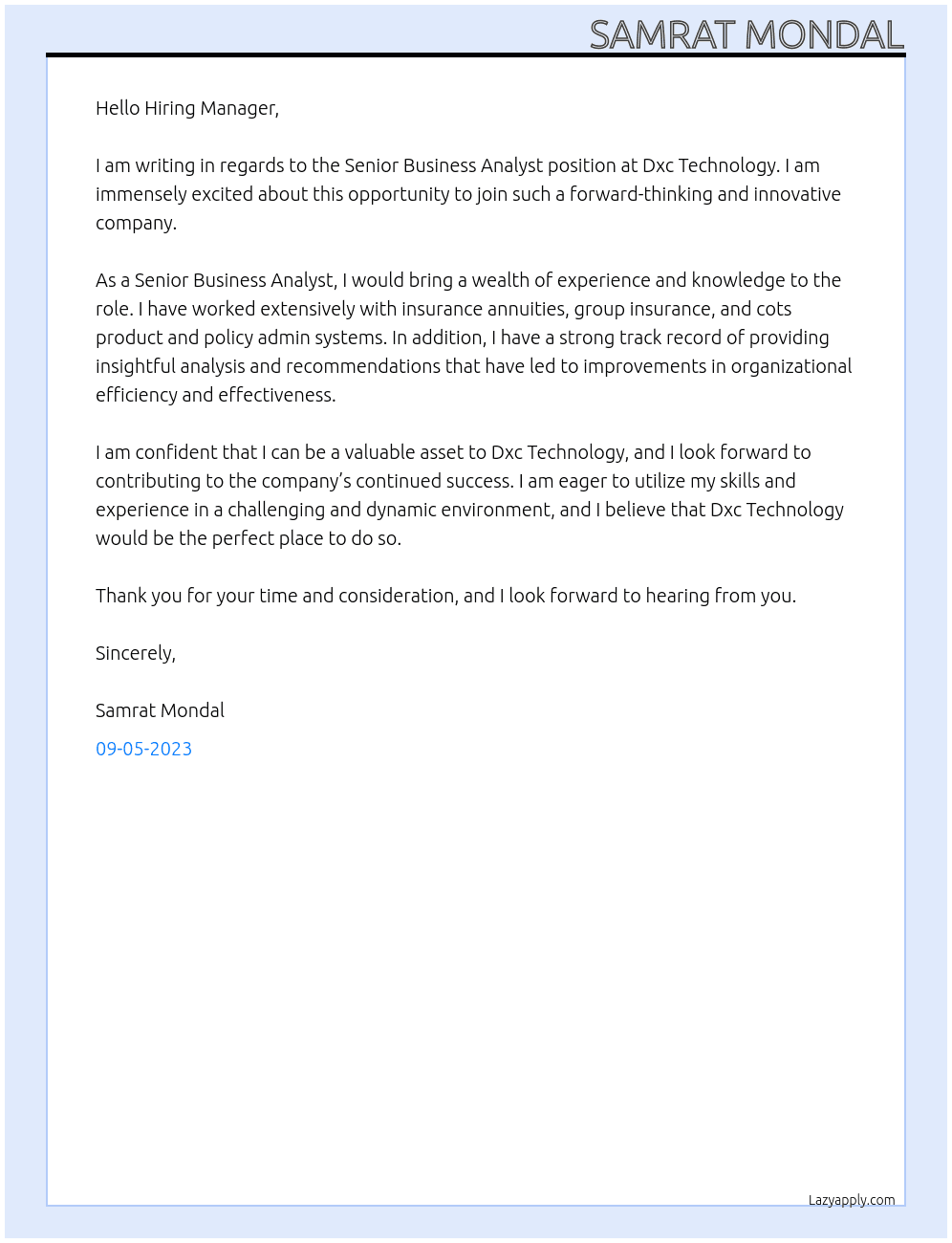 Senior business analyst At Dxc technology Cover Letter