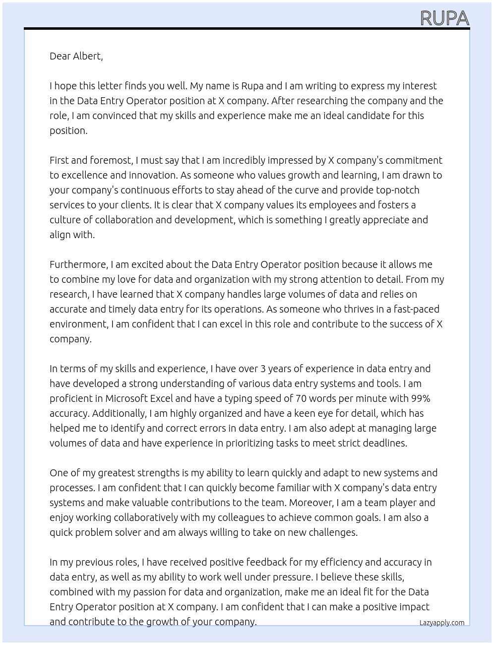 Data entry operator  At X Cover Letter