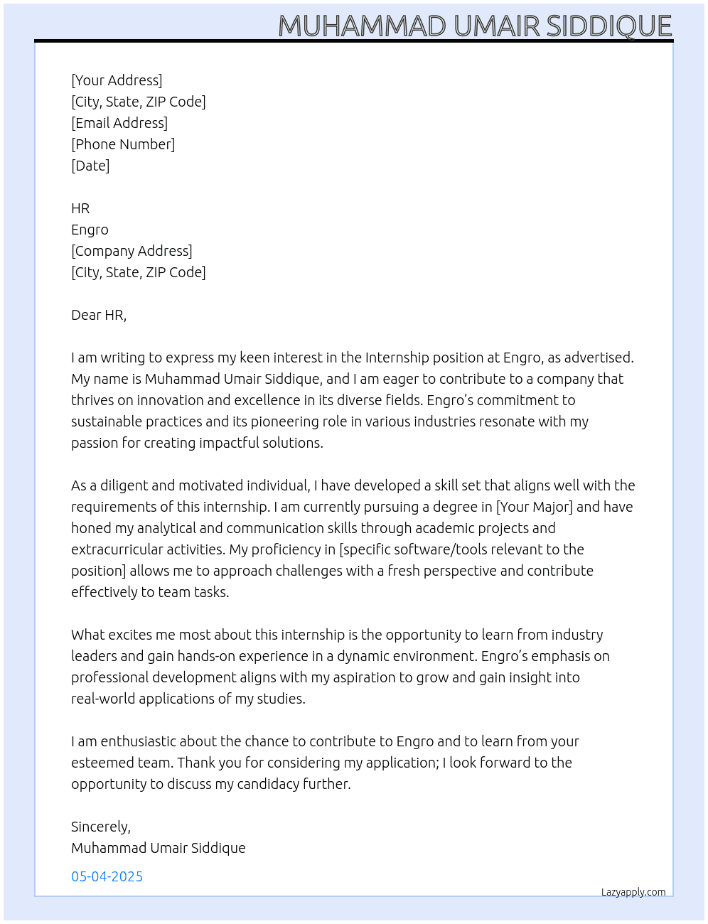 Internship At engro  Cover Letter