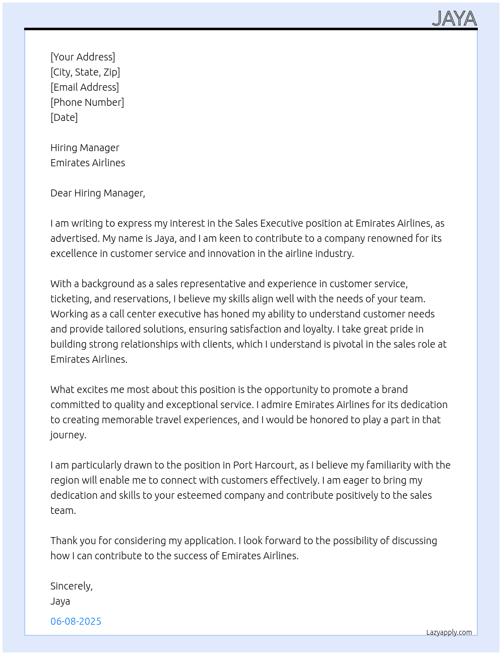 Sales Executive At Emirate Airlines Cover Letter