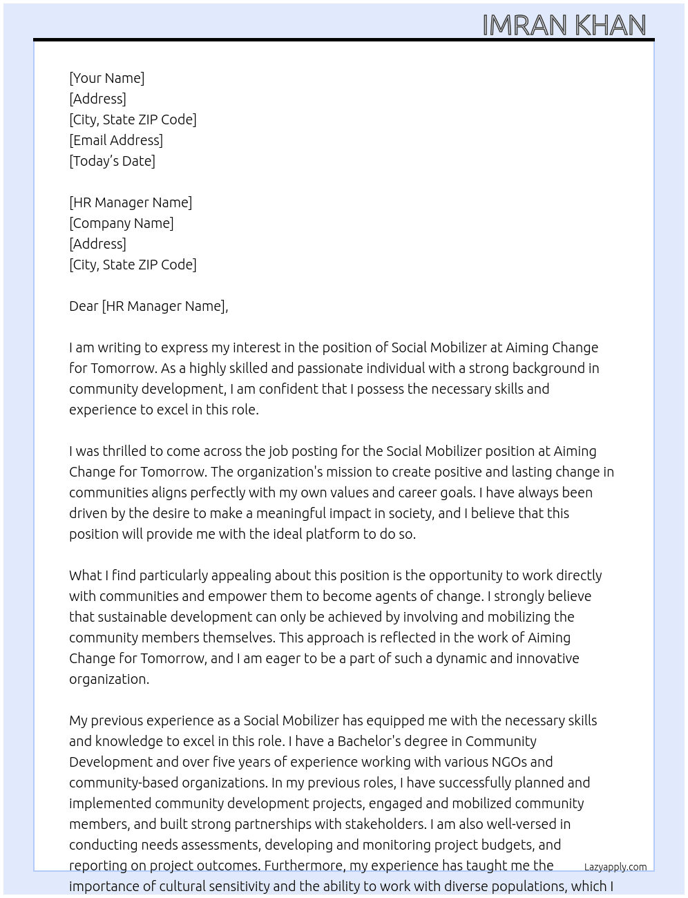Social mobilizer  At Aiming change for tomorrow  Cover Letter