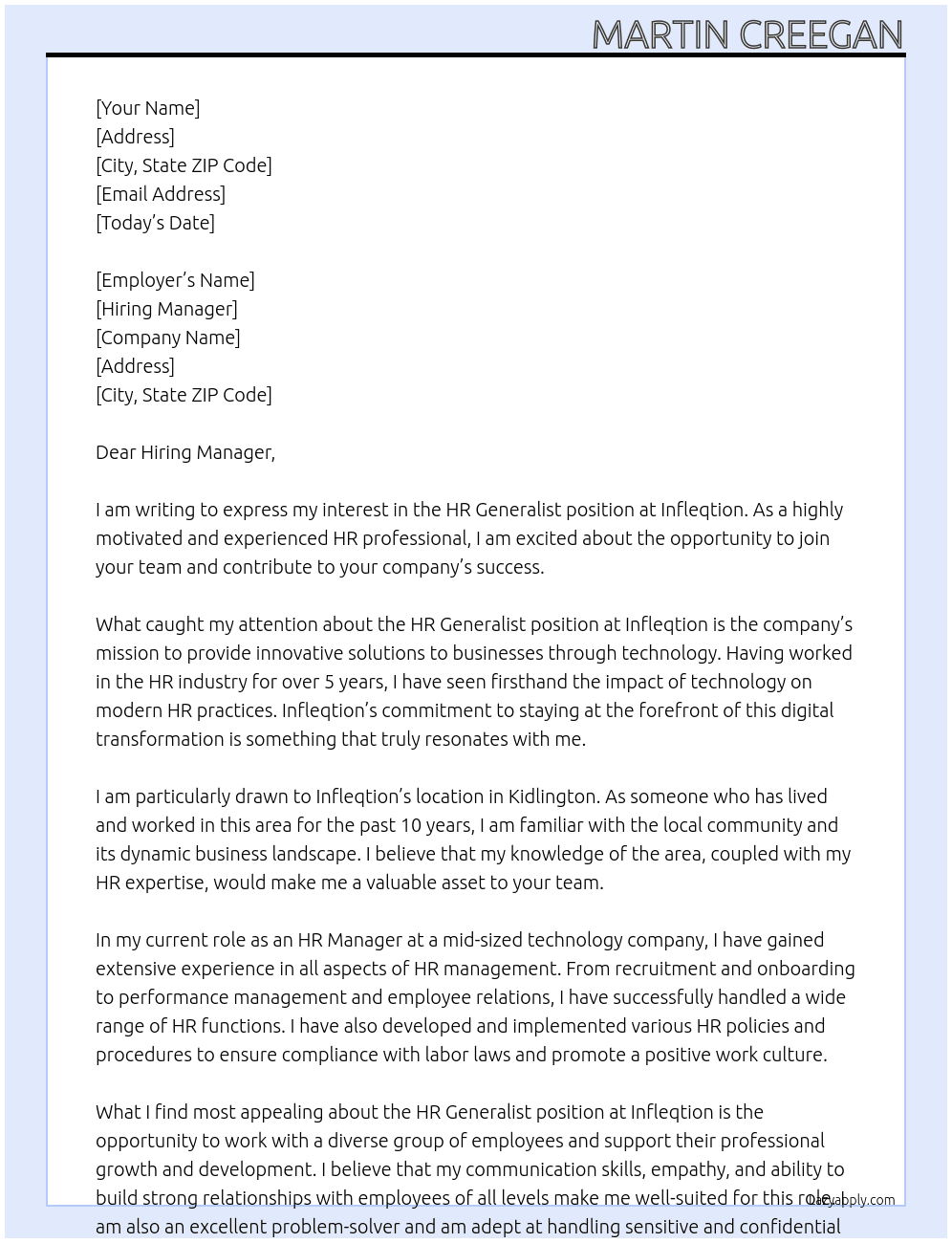 HR Generalist At Infleqtion Cover Letter