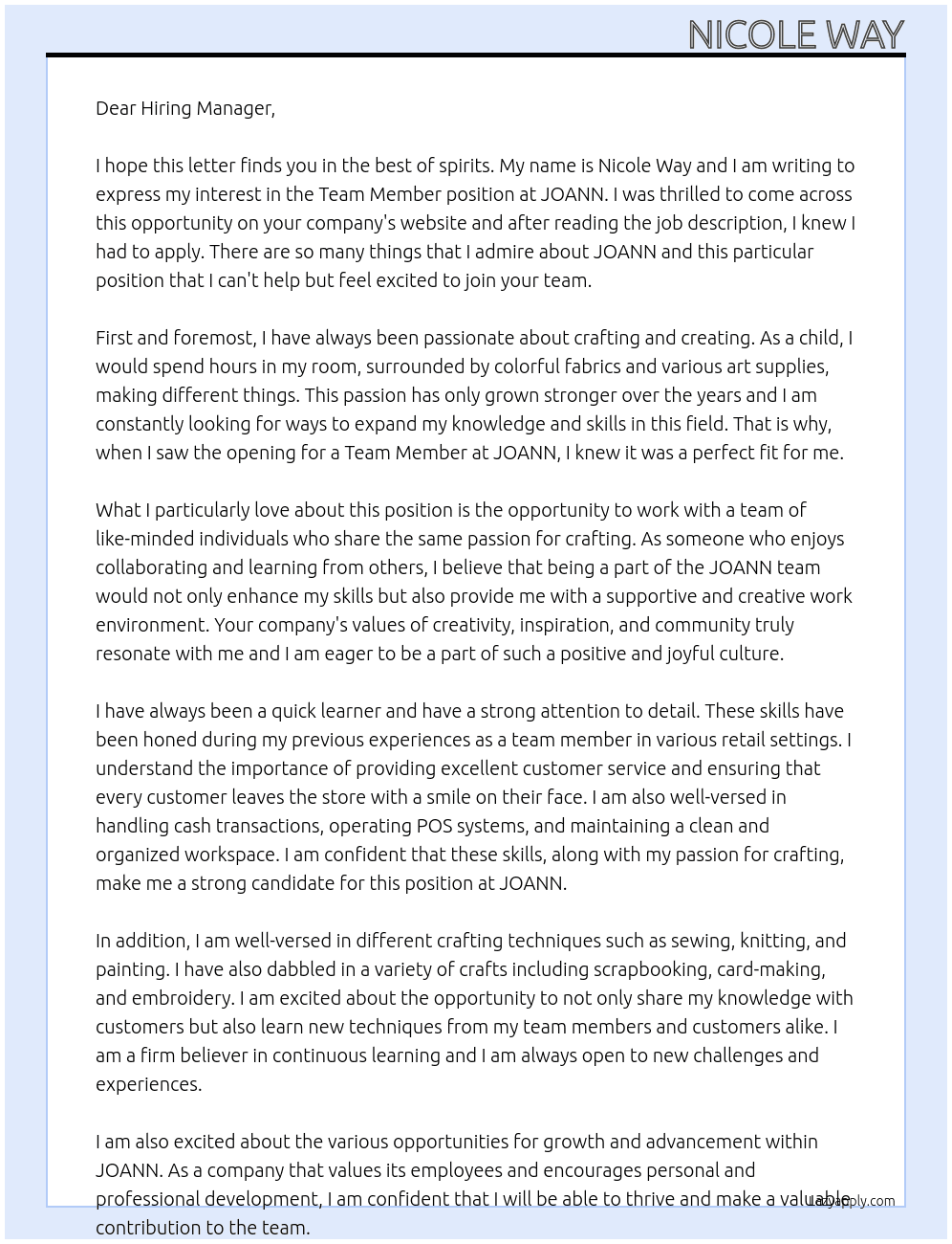 Team Member At JOANN Cover Letter
