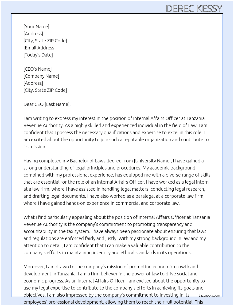 internal affairs officer At Tanzania revenue authority  Cover Letter