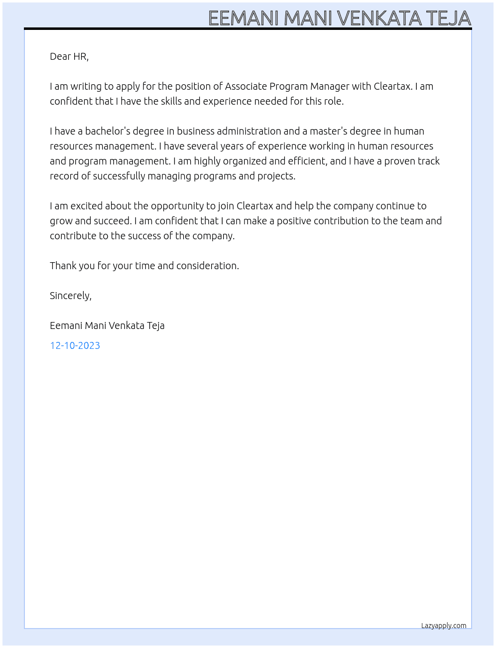 Associate Program Manager  At cleartax Cover Letter