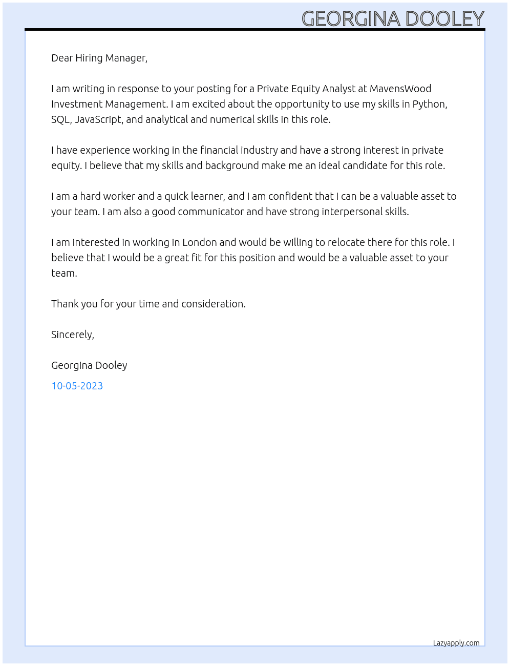 Private Equity Analyst At MavensWood Investment Management Cover Letter