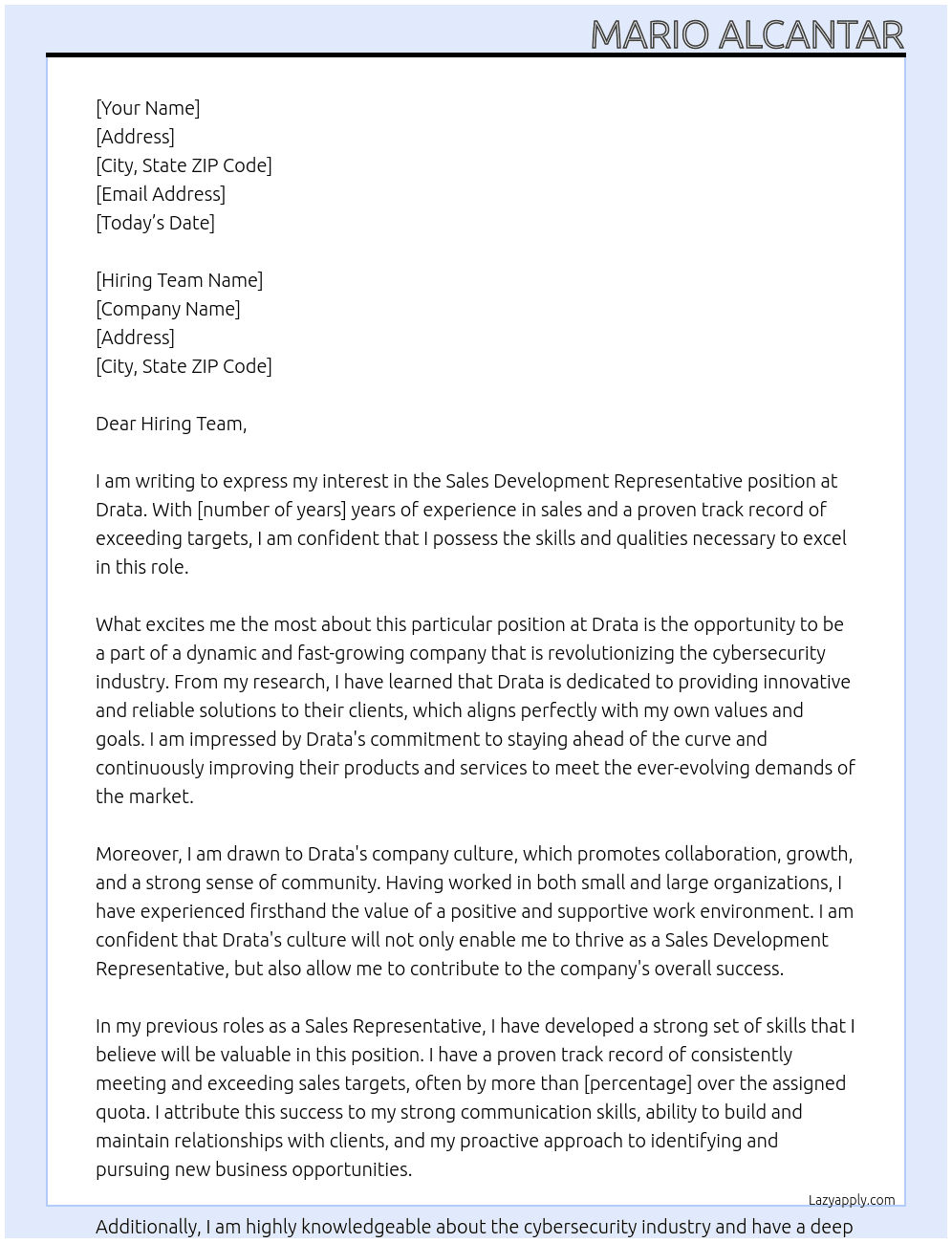 Sales Development Representative At Drata Cover Letter