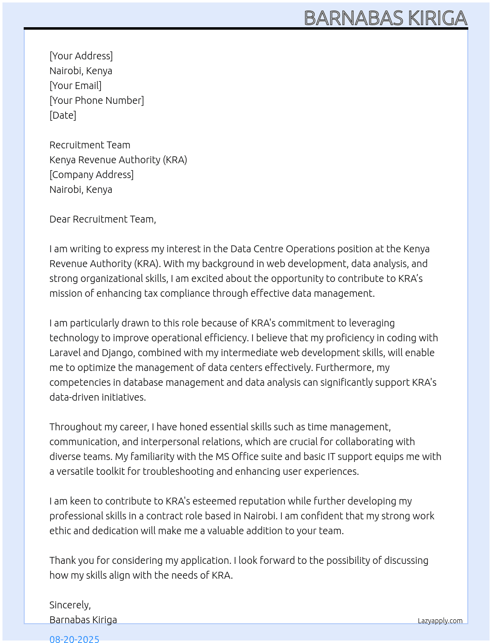 Data Centre Operations At Kenya Revenue Authority (KRA) Cover Letter