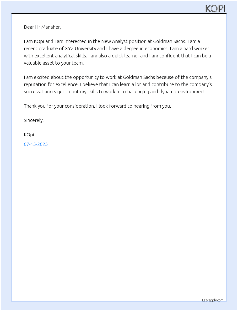 New Analyst At goldman sachs Cover Letter