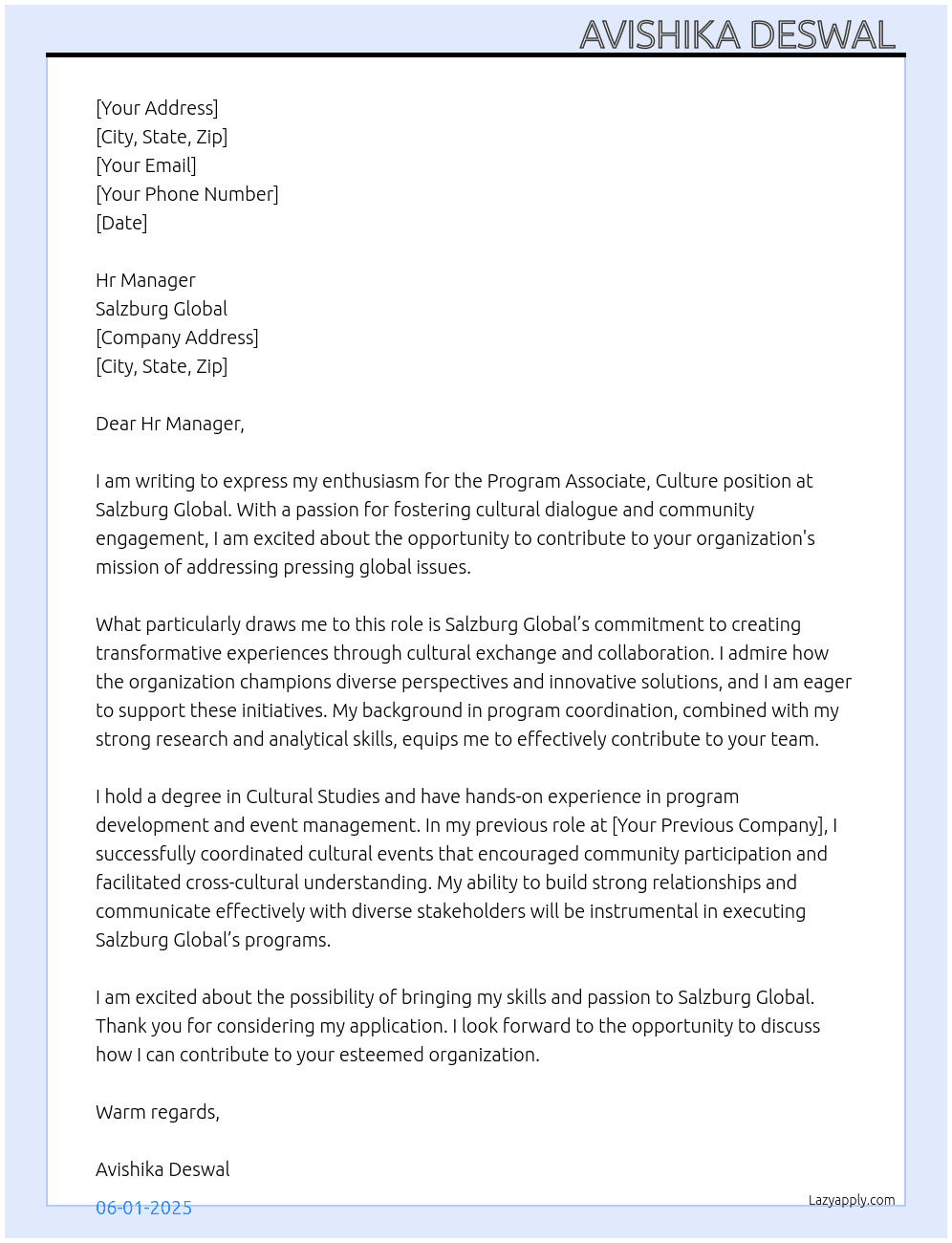 Cover letter for program associate, culture - LazyApply