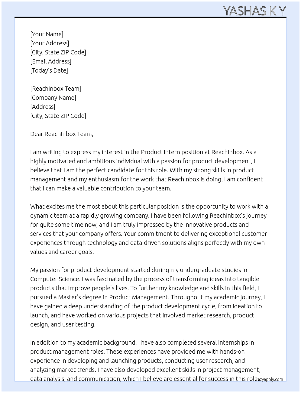 Product Intern At ReachInbox Cover Letter