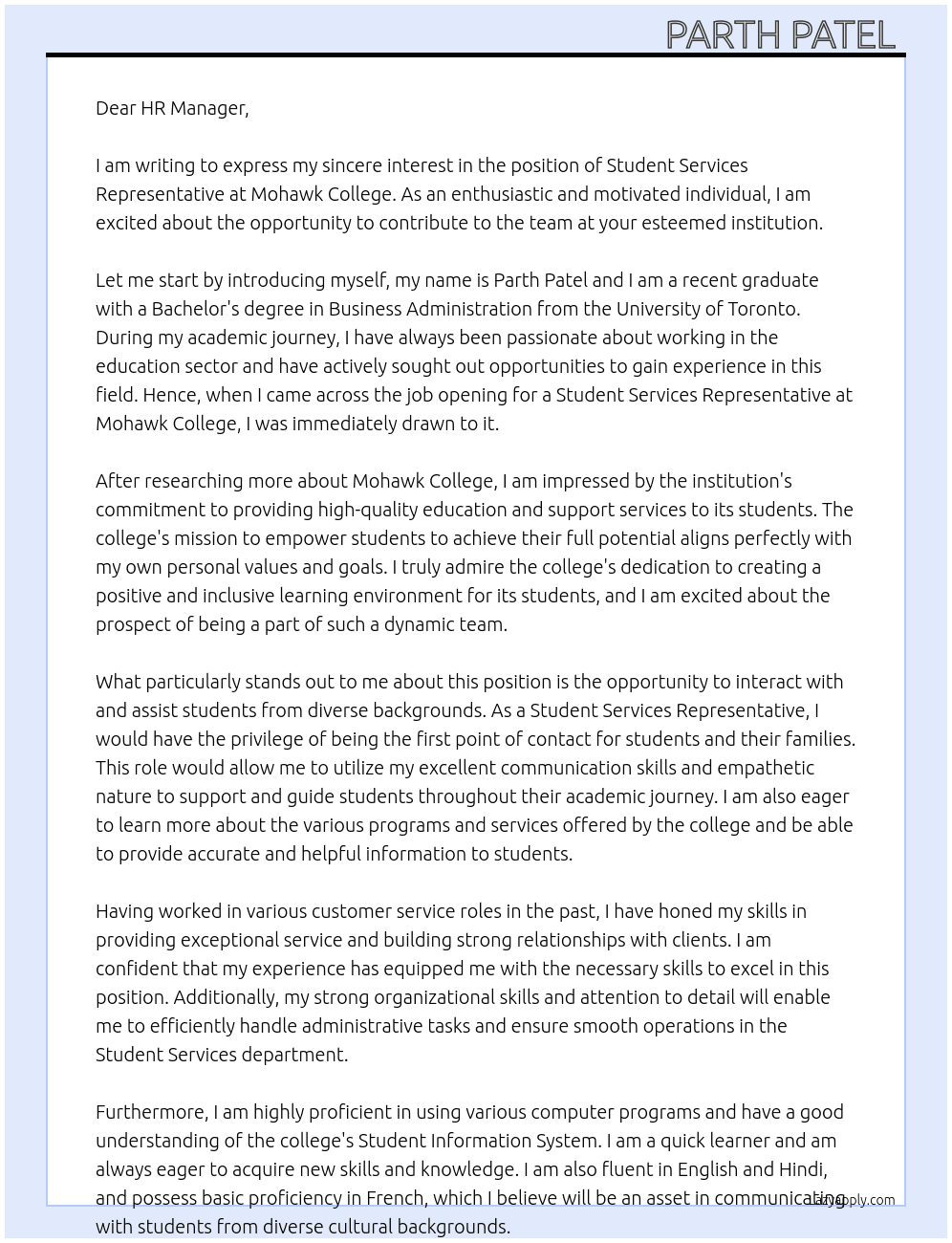 Student Services Representative At Mohawk College  Cover Letter