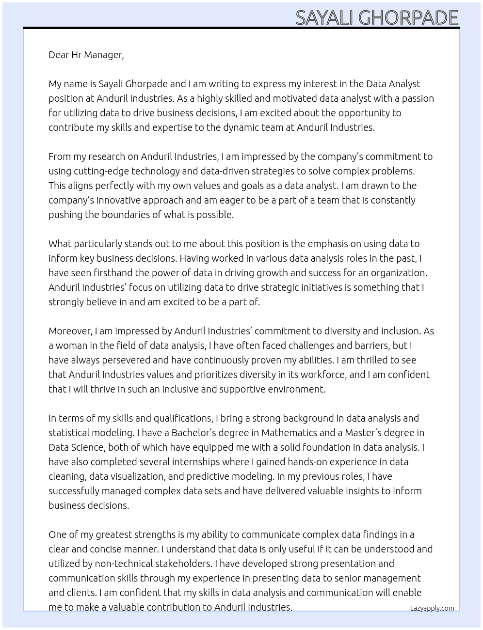 Data Analyst At Anduril Industries Cover Letter