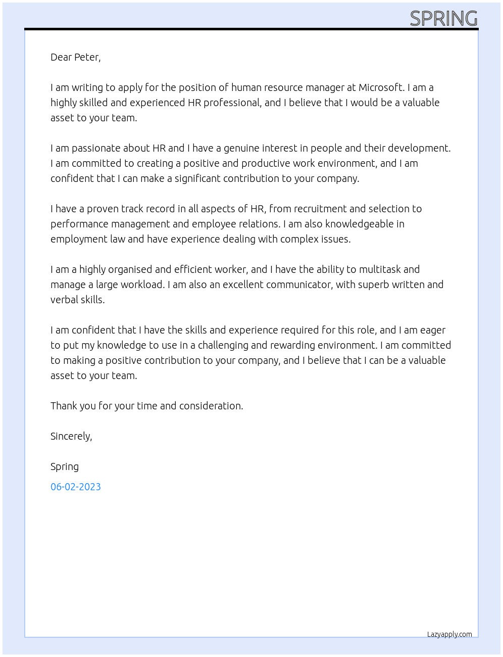 human resource manager At Microsoft  Cover Letter