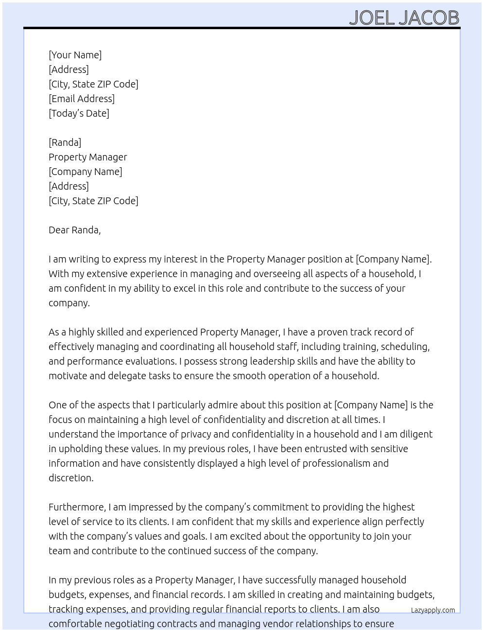 Property Manager At confidential Cover Letter