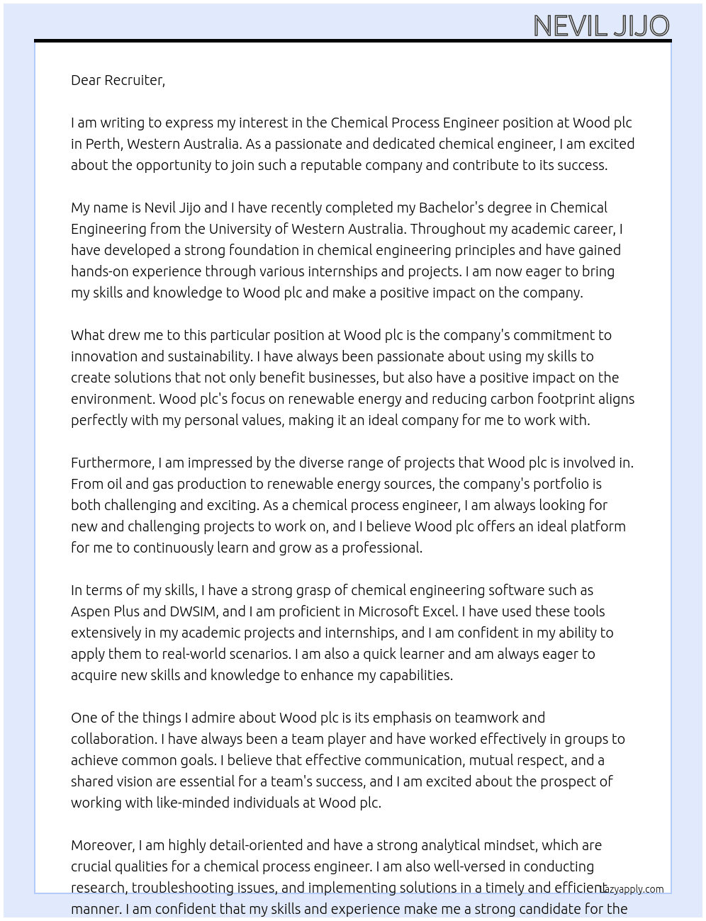 Chemical Process Engineer  At Wood plc Cover Letter