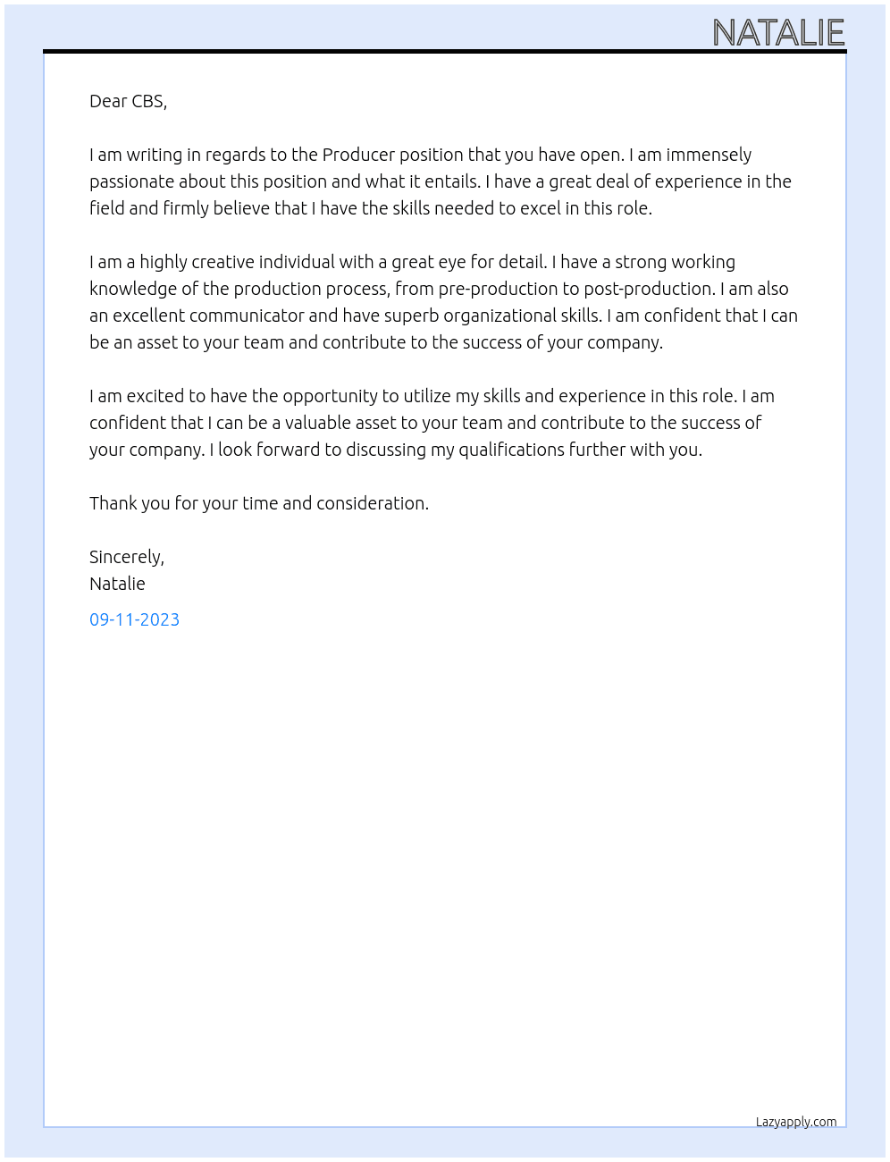 Producer At CBS Cover Letter