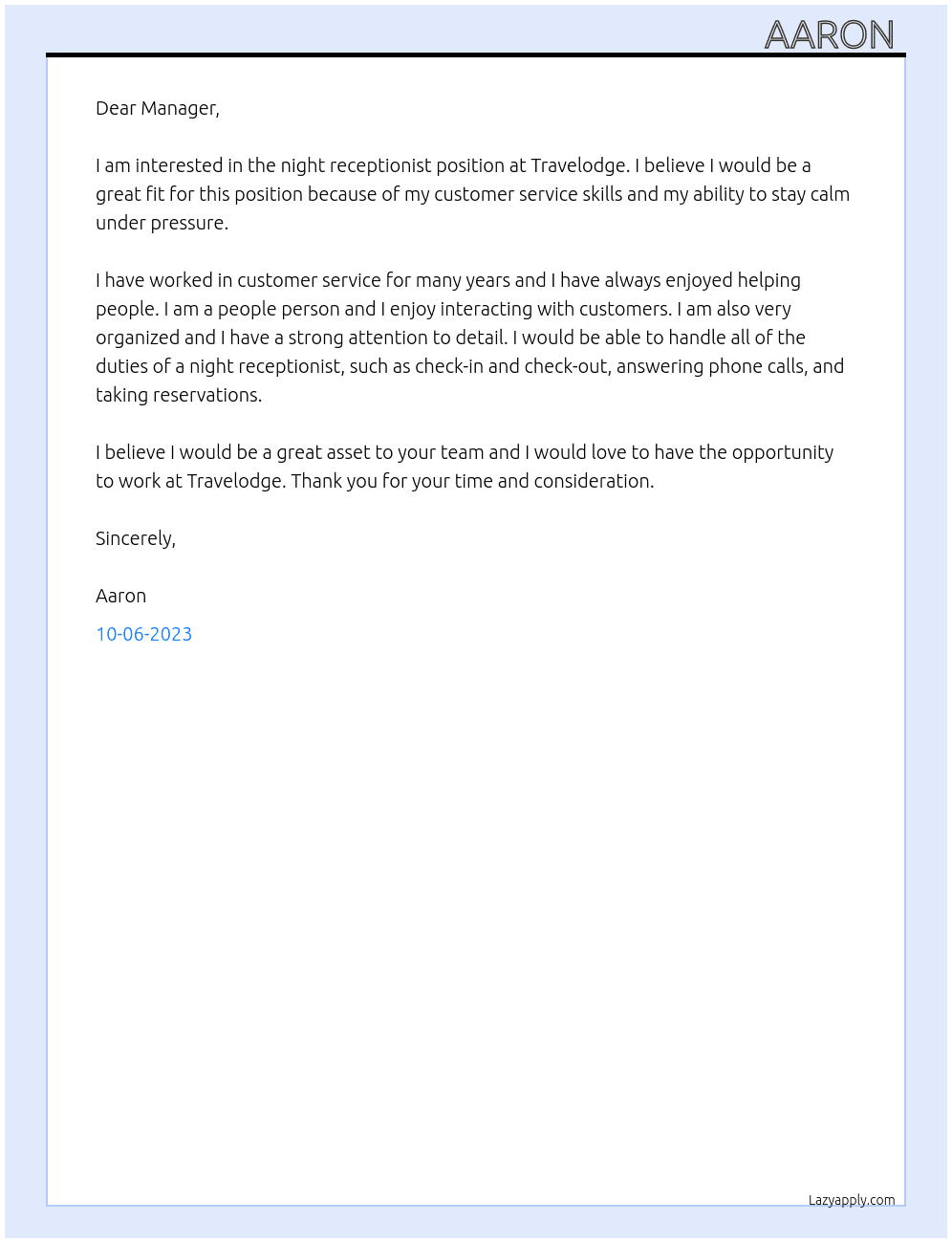night receptionist  At Travelodge Cover Letter