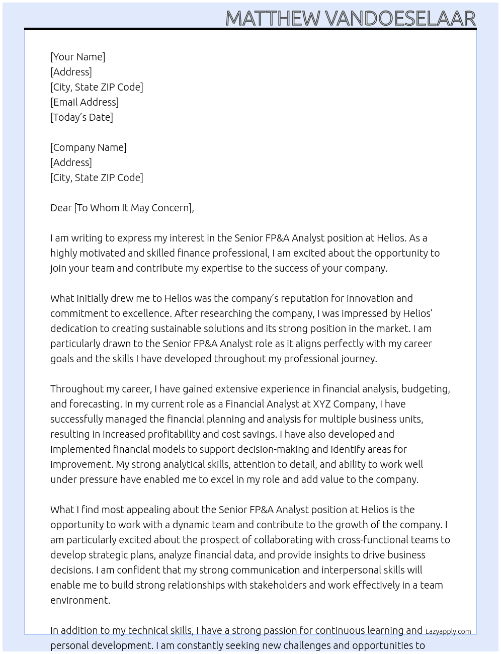 Senior FP&A Analyst At Helios Cover Letter