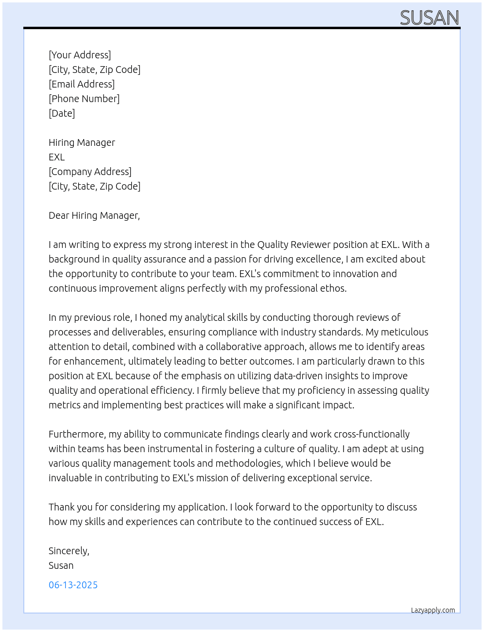 Quality Reviewer At EXL Cover Letter