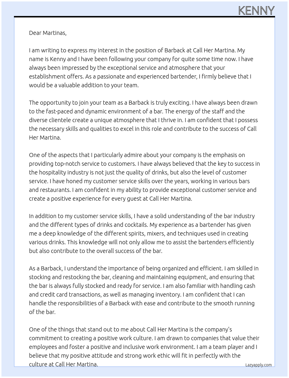 Barback At Call Her Martina Cover Letter