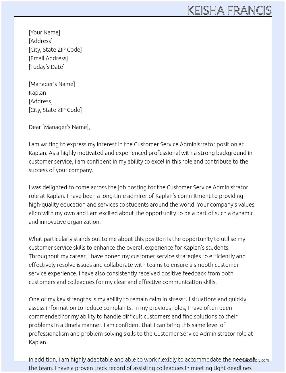 Customer Service Administrator At Kaplan Cover Letter