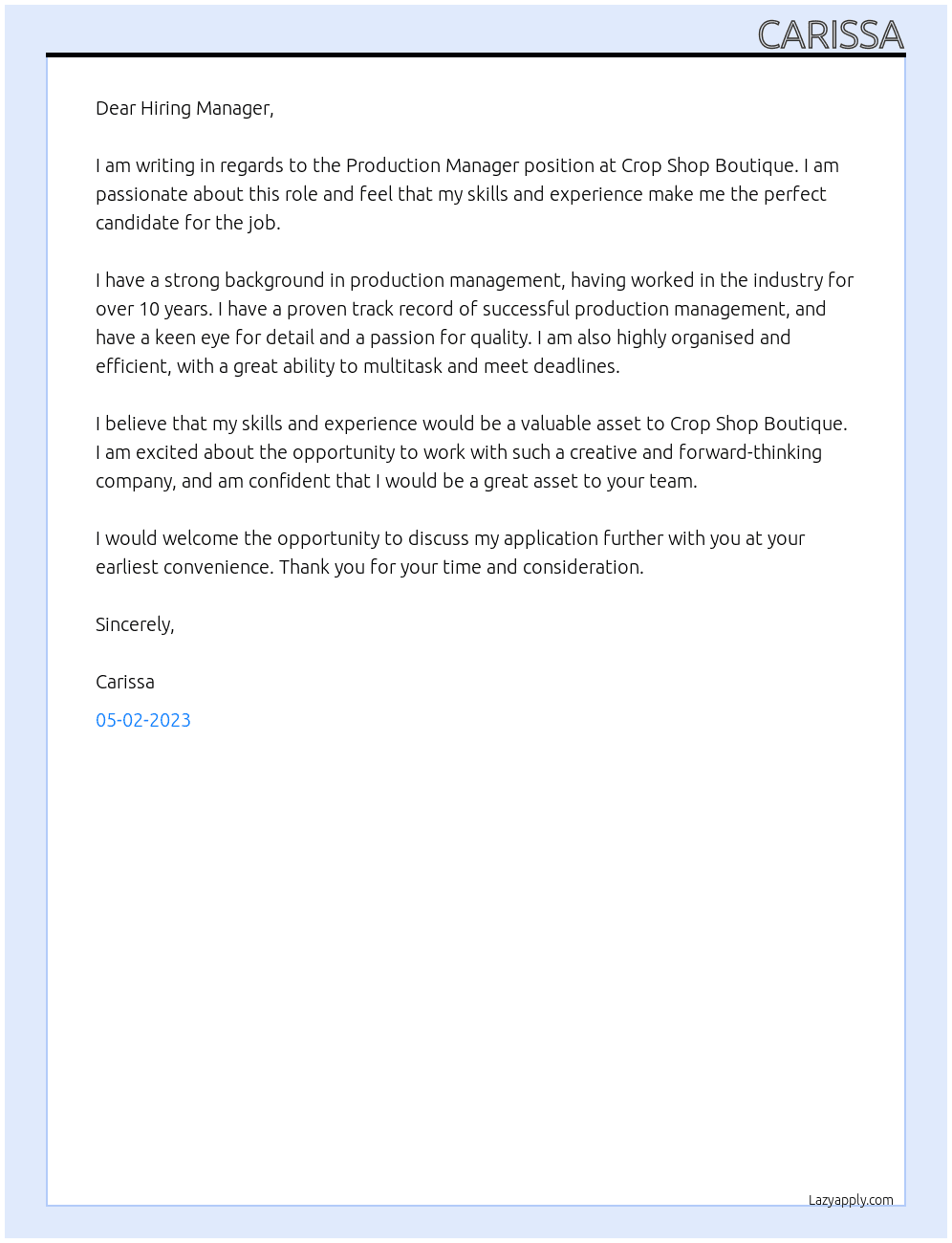 Production Manager At Crop Shop Boutique  Cover Letter