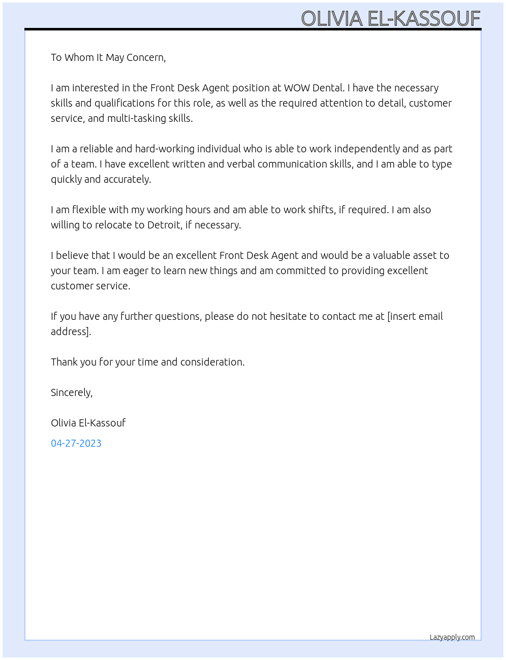 Front Desk Agent At WOW Dental Cover Letter