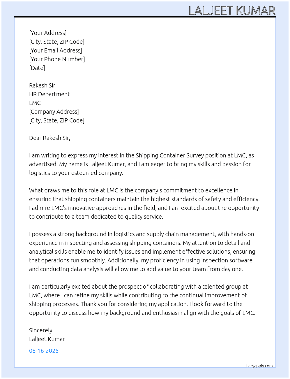 Shipping container survey At LMC Cover Letter