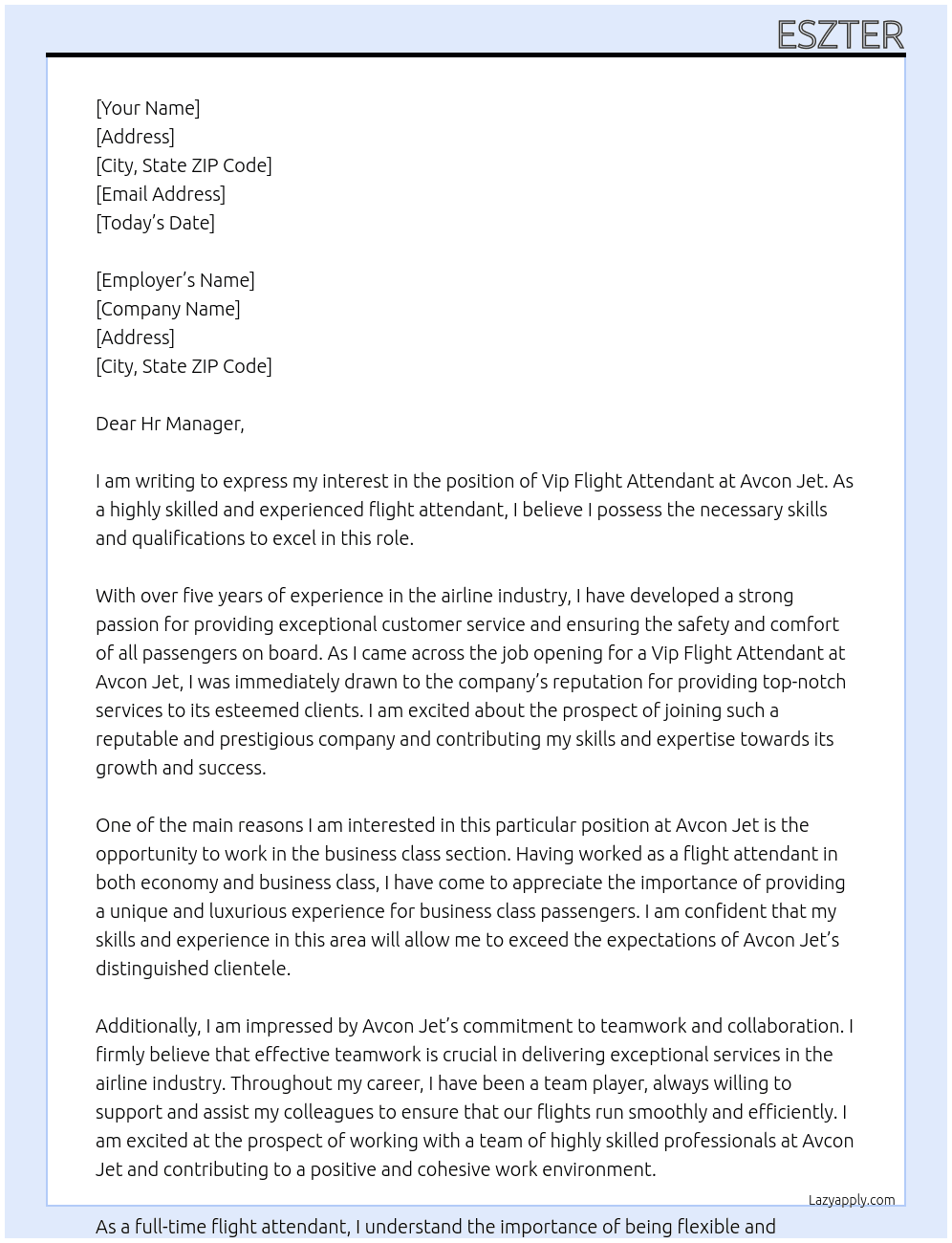 Vip flight attendant  At Avcon Jet Cover Letter