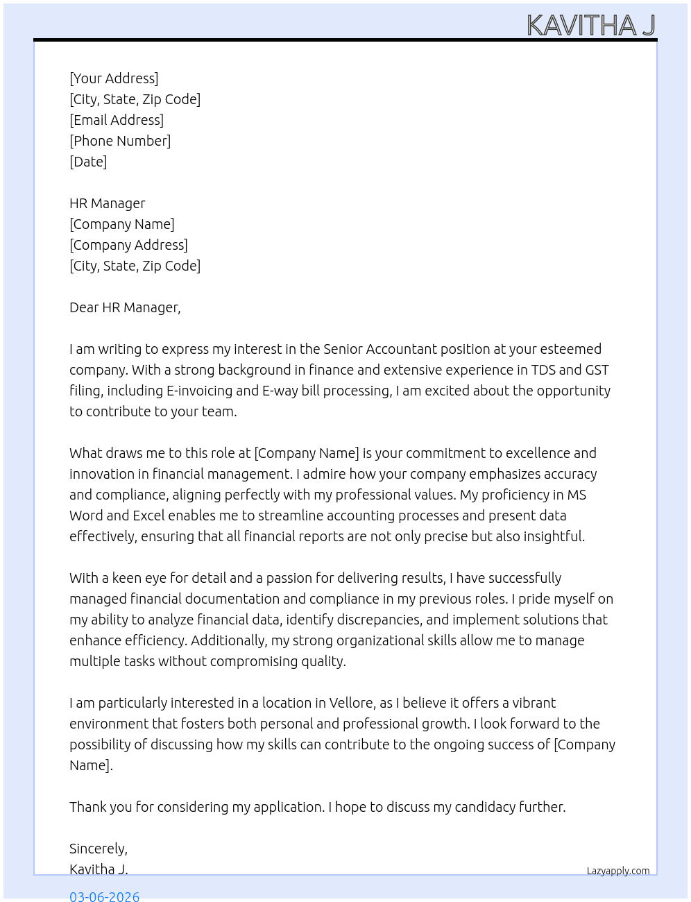 Cover letter for manager finance - LazyApply