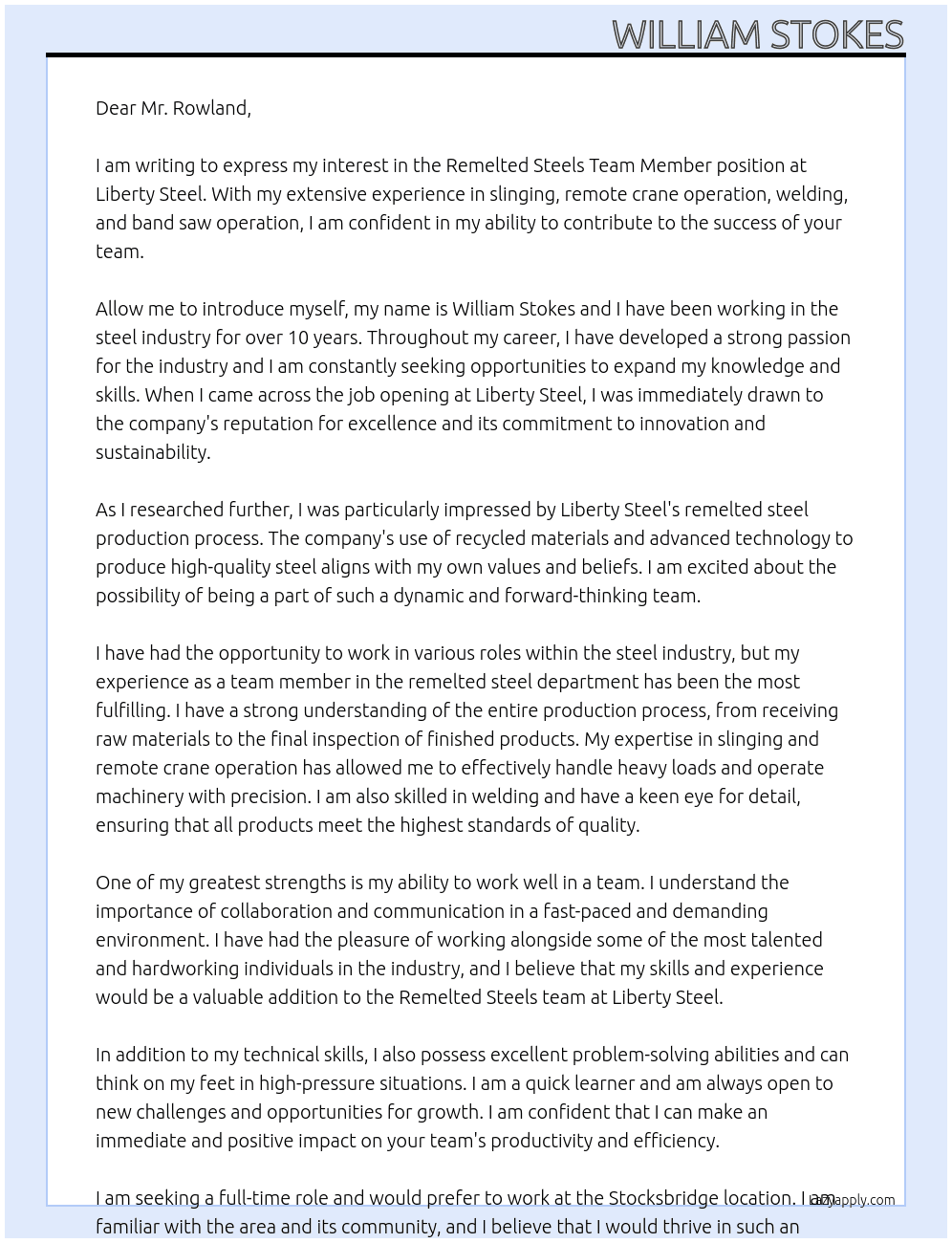 Remelted steels team member At Liberty steel Cover Letter