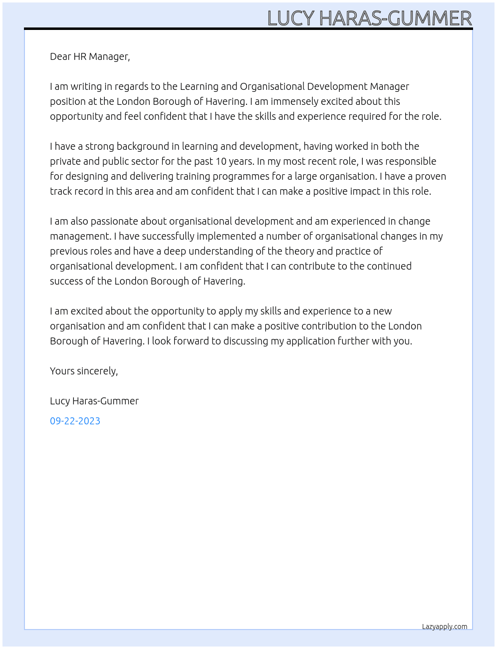 Learning and organisational development manager At London Borough of Havering Cover Letter